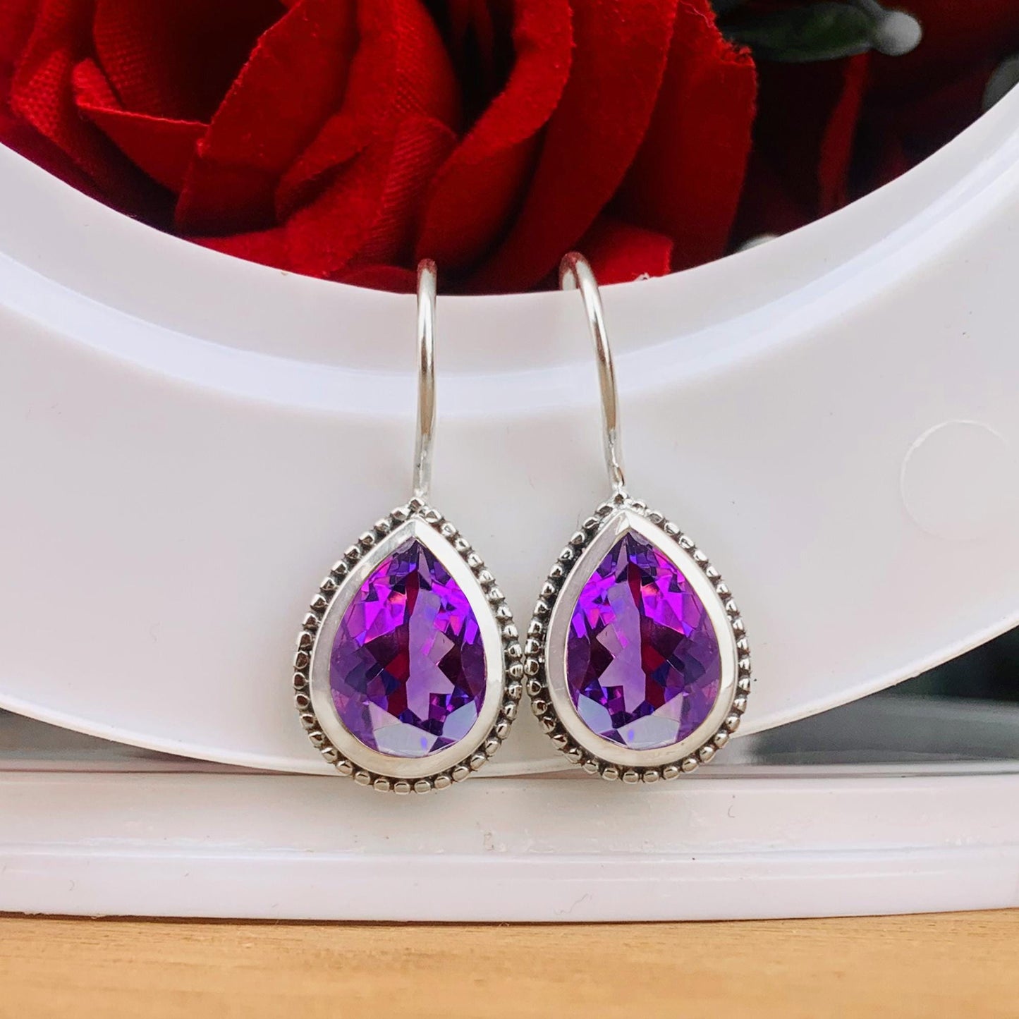 Brazilian Purple Amethyst Peat Cut Dangle Earrings in 925 Sterling Silver