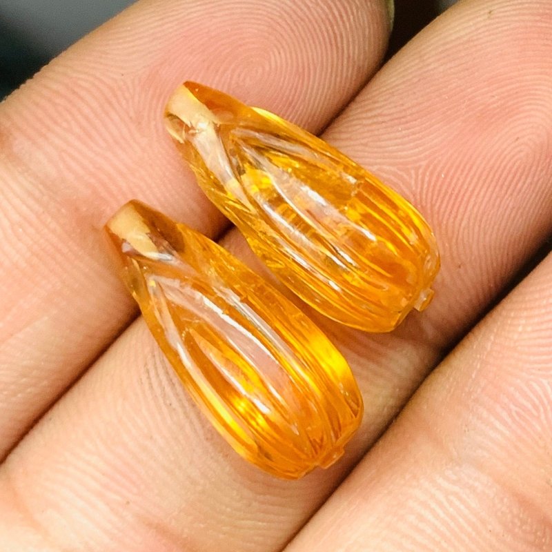 1 Pair Natural Citrine Drop Briolette Beads | Hand Carved Matching Pair - BeadsBoatInc