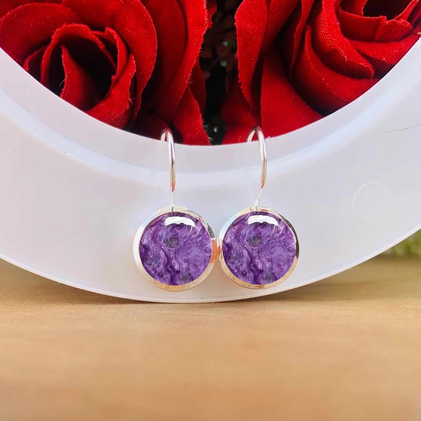 Natural Round Purple Charoite Dangle Earrings - 925 Sterling Silver Handmade Jewelry