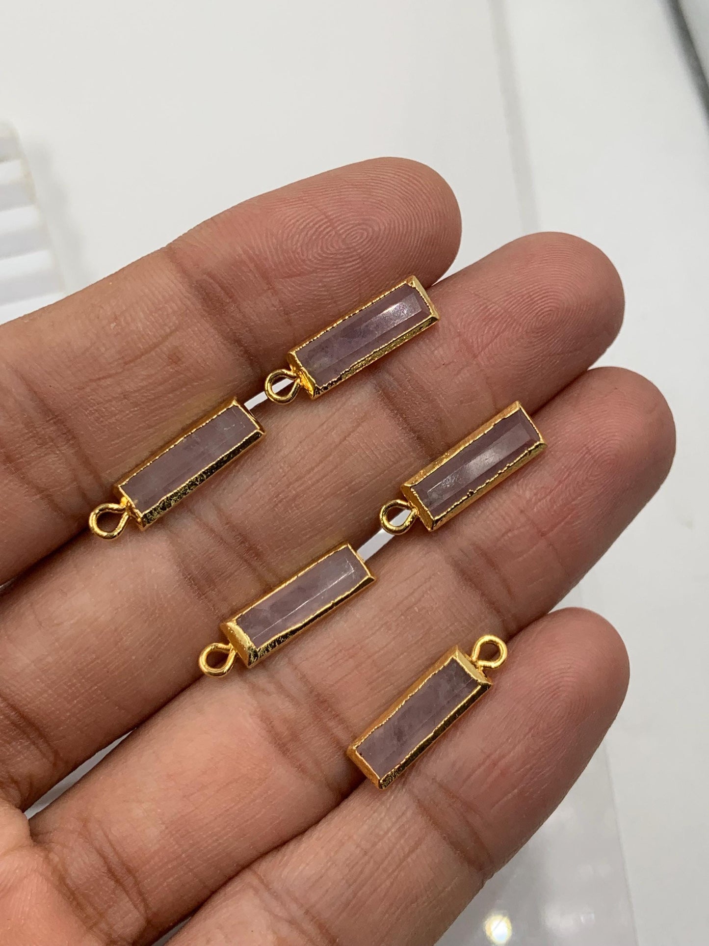 5 Pcs Natural Rose Quartz Faceted Baguette Shape Gemstone Gold Bezel Connector Jewelry Making Size 5x15mm Charm Connector for pendent
