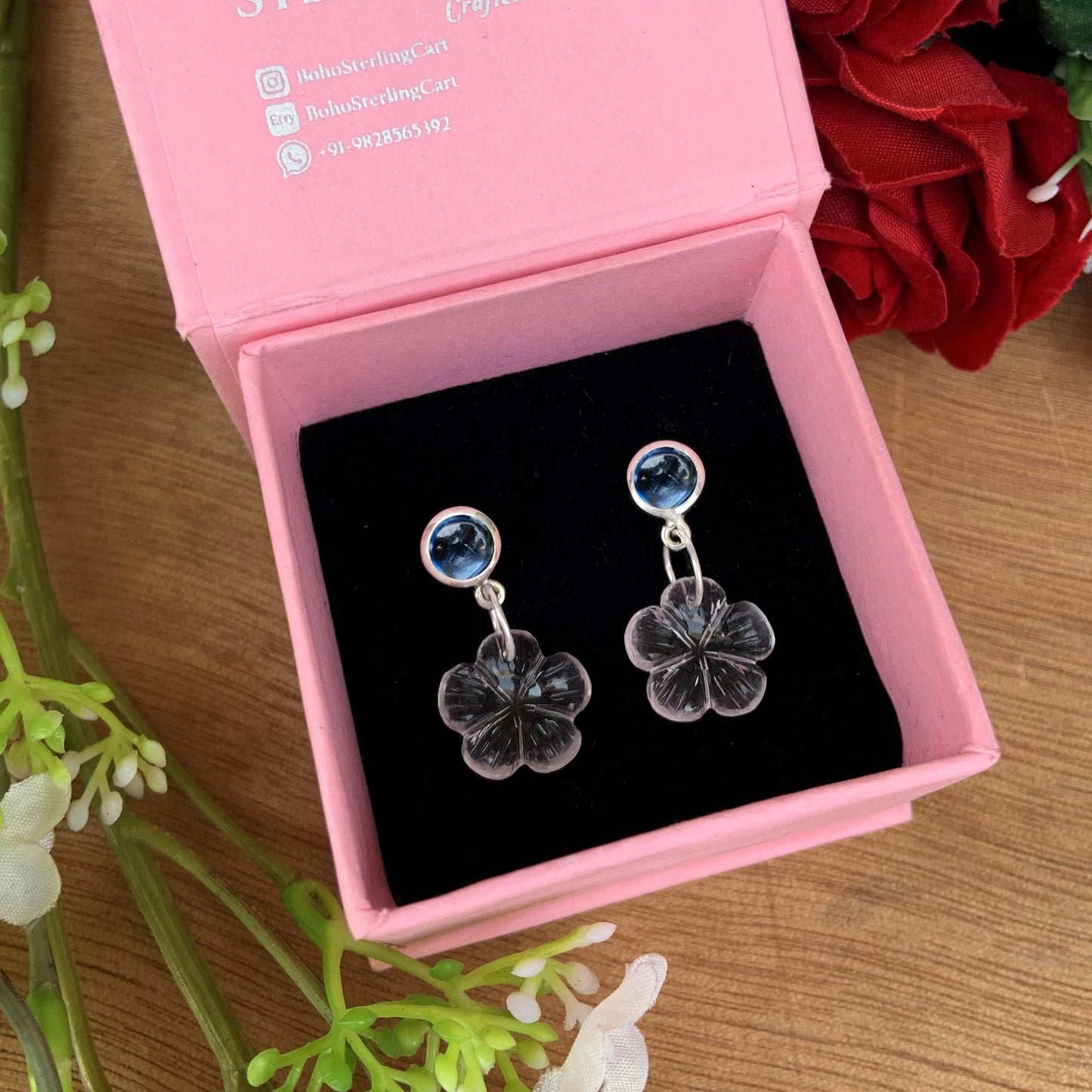 Kyanite & Carved Quartz Floral Dangle Earrings – Sterling Silver Elegance with a Touch of Nature-Inspired Beauty
