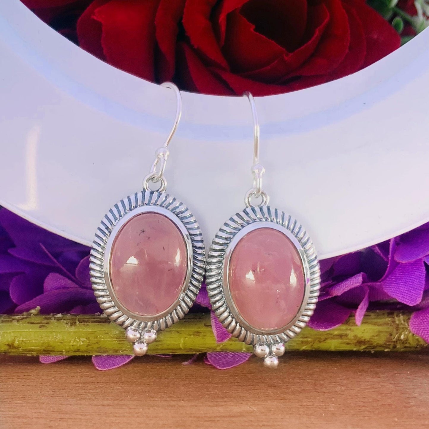 Oval Rose Quartz Dangle Earrings in 925 Sterling Silver