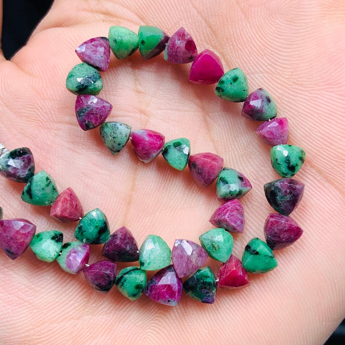 Natural Ruby Zoisite Trillion Shape Faceted Briolette Beads – 6mm, 8” Strand