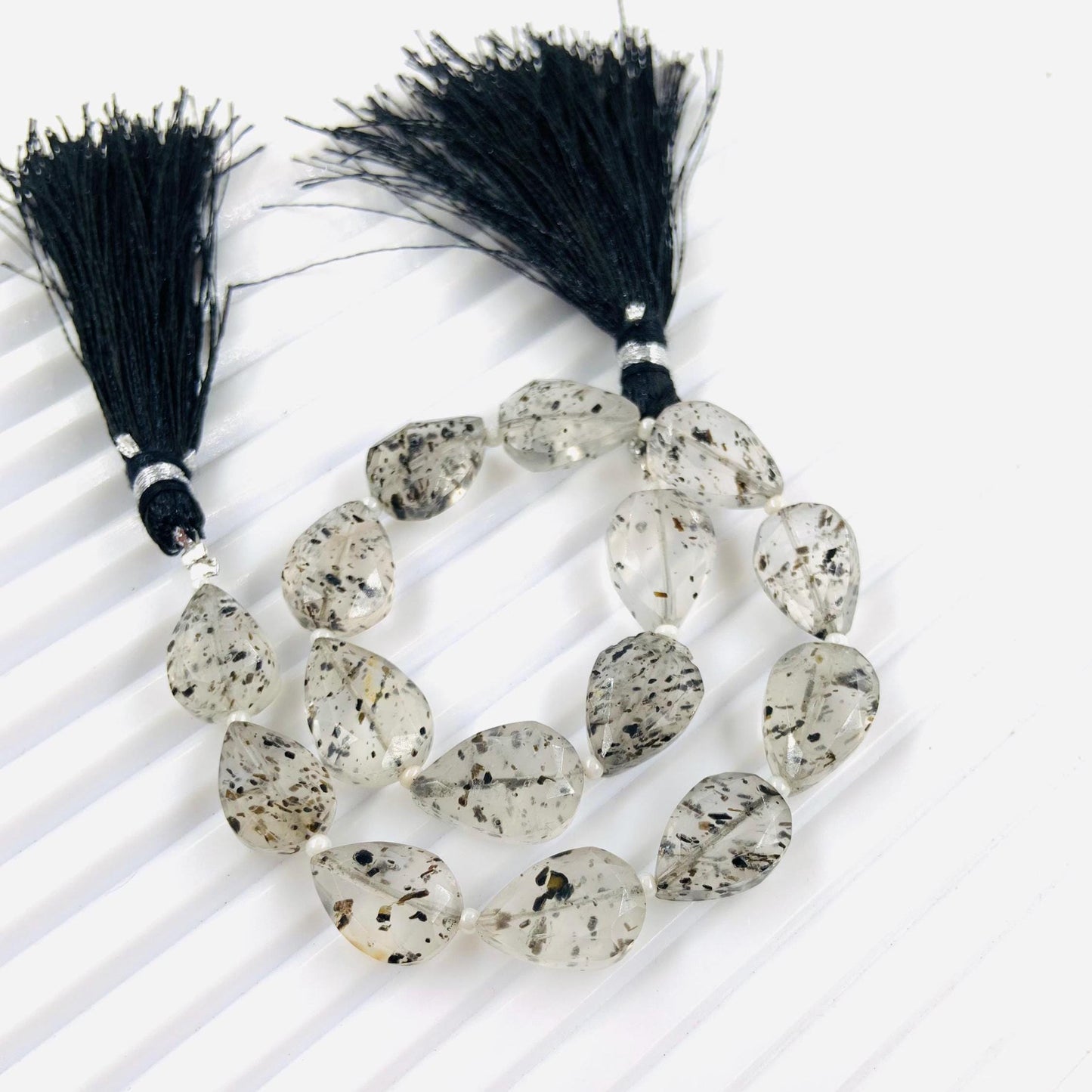 15 Pieces Natural Black Dot Quartz faceted Pear Drop Center Drill Briolette Gemstone, Pear Drop beads for Jewelry, 8 Inch Strand Size 9x12mm