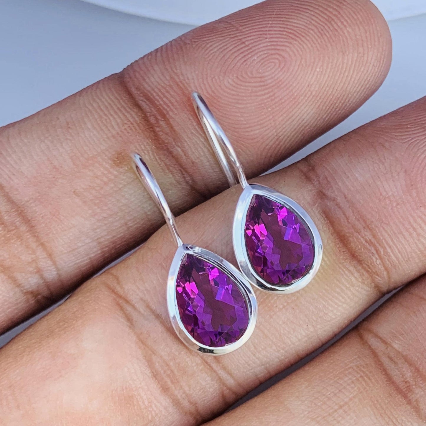 Natural Purple Pear Cut Amethyst Dangle Earrings in 925 Sterling Silver - Gift for Women