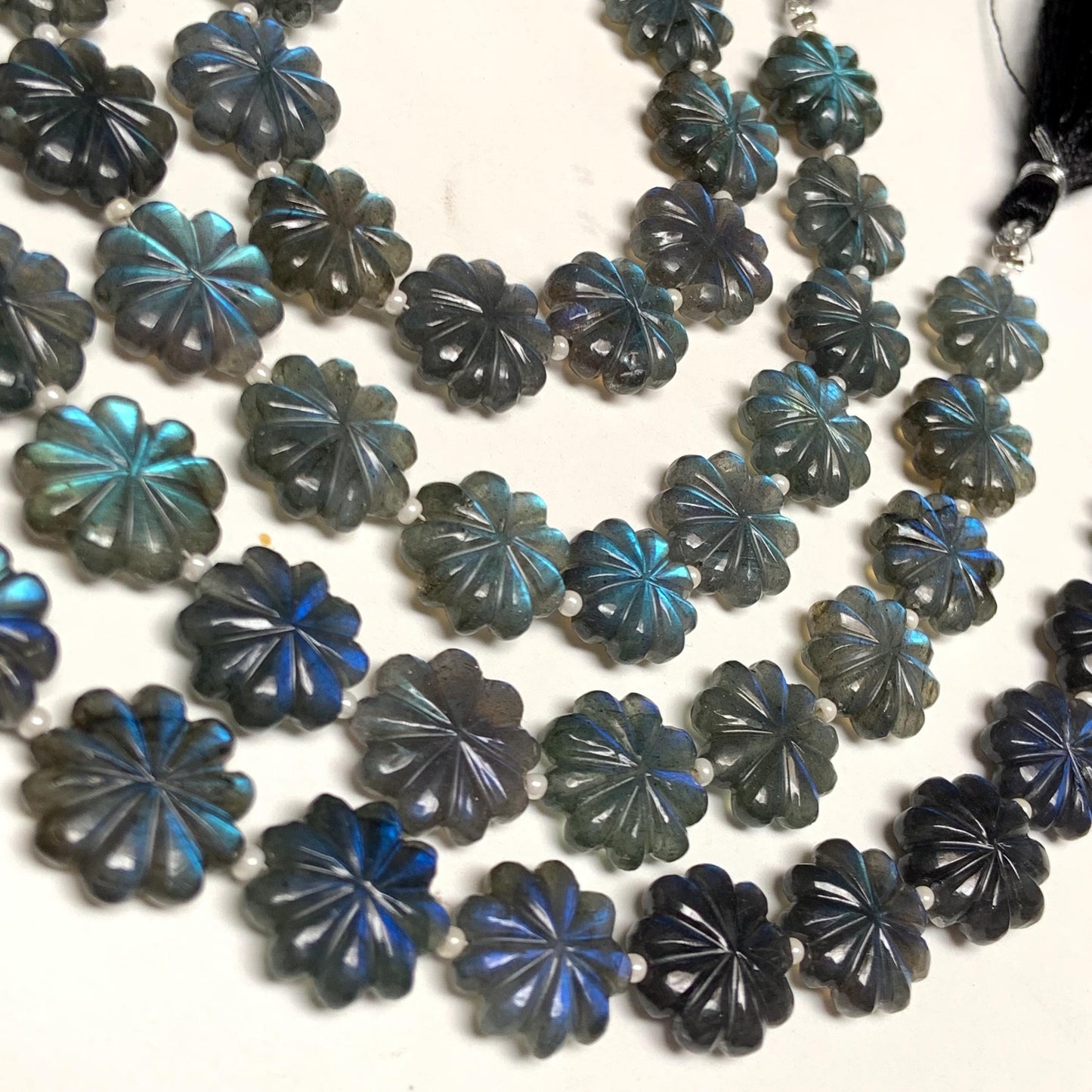Natural Labradorite Flower Beads 10 Pcs - Blue Flash Carved Gemstone Briolette