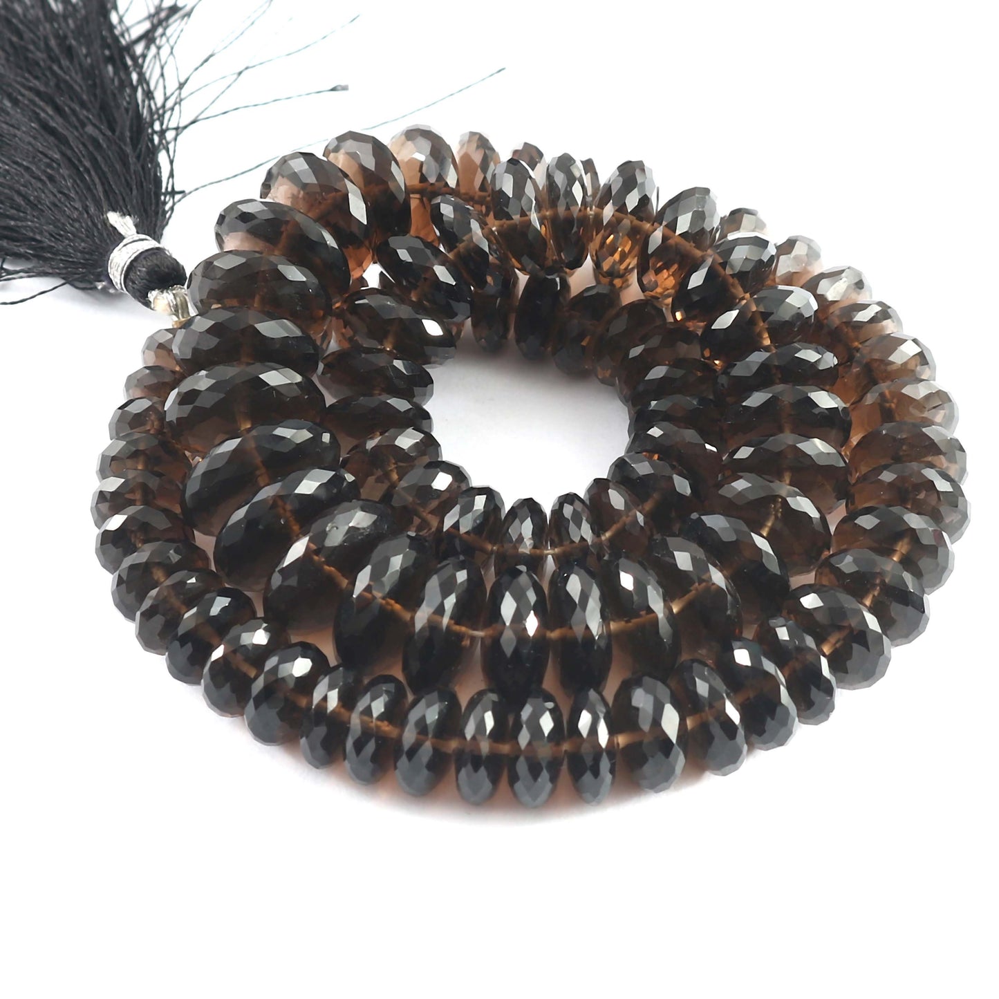Smoky Quartz Flat Rondelle Faceted Beads Gemstone Nacklace , Smoky Quartz Nacklace German Cut Faceted Beads , 7mm-14mm 16 inch SKU- BBI557