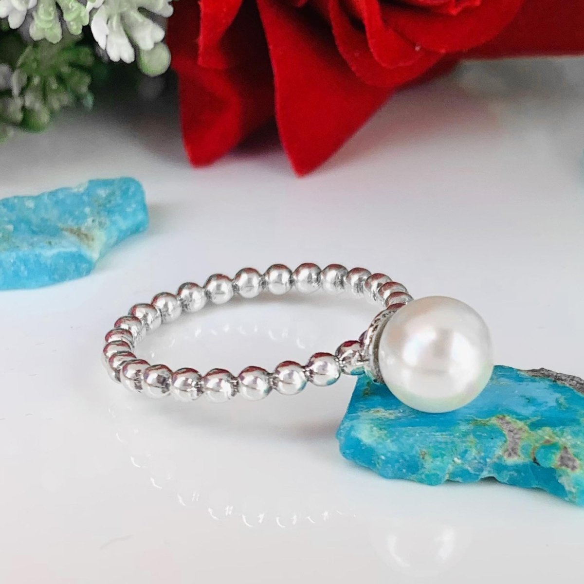 8mm Round Pearl Ball Stacking Ring in 925 Silver - BeadsBoatInc