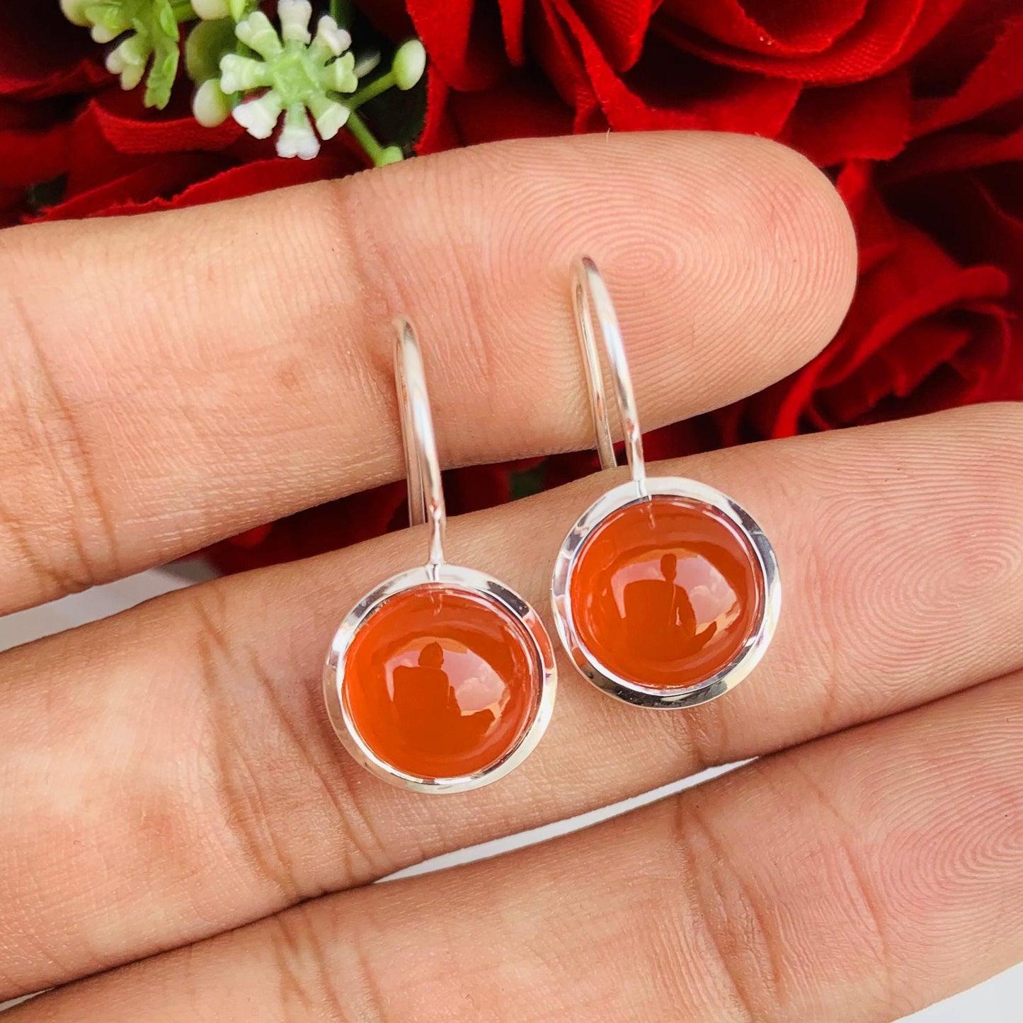 Natural Orange Carnelian Sterling Silver Dangle Earrings