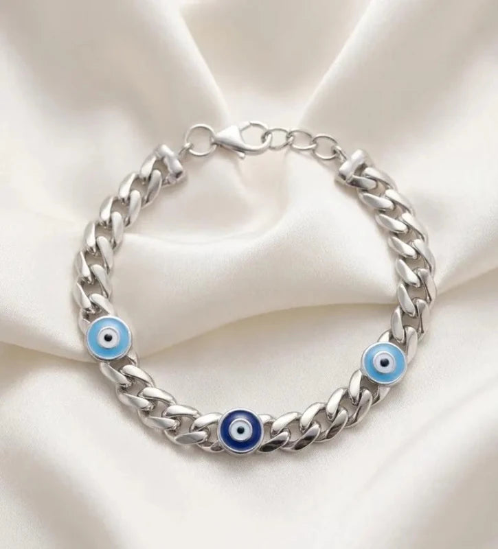 925 Sterling Silver Evil Eye Cuban Curl Bracelet for Kids, Silver Nazar Protection Bracelet - BeadsBoatInc