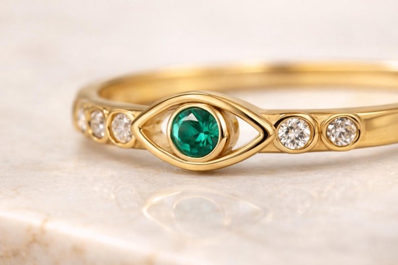 925 Sterling Silver Green CZ Eye Design Ring Gold Plated - BeadsBoatInc