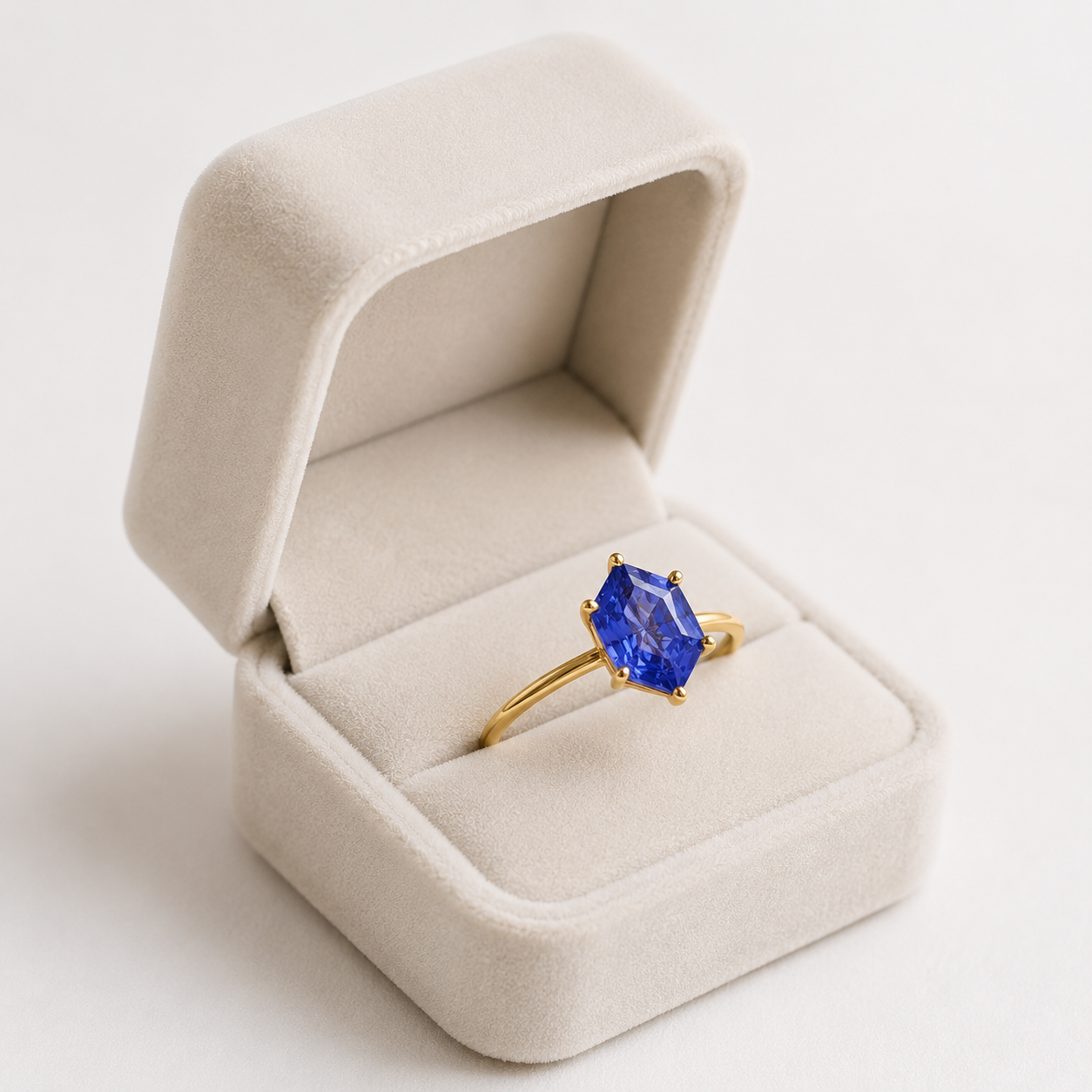 Lab Grown Tanzanite Engagement Ring in 14K Gold, Elongated Hexagon Solitaire