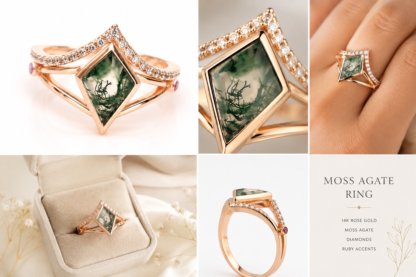 Lab Grown Moss Agate Ring with CZ Accents, Kite Shape Engagement Ring Set in 14K Gold