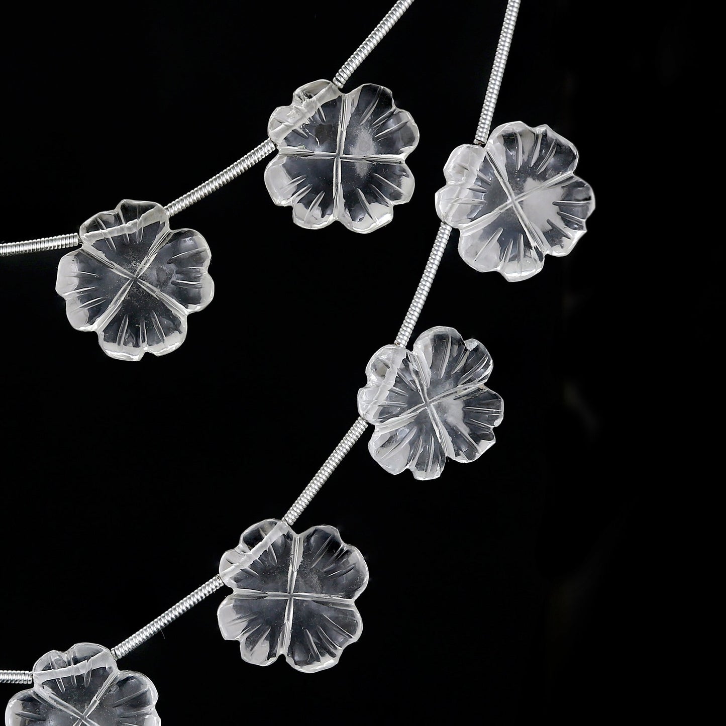 4 pc Natural Crystal Quartz Carved Flower shape Briolette Side Drill Beads ,Crystal Quartz Flower Shape Gemstone beads , clear quartz flower