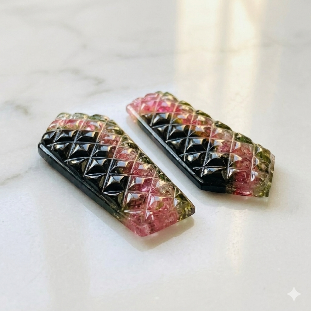 Natural Watermelon Tourmaline Carved Pair – Geometric Faceted Gemstone Cabochons