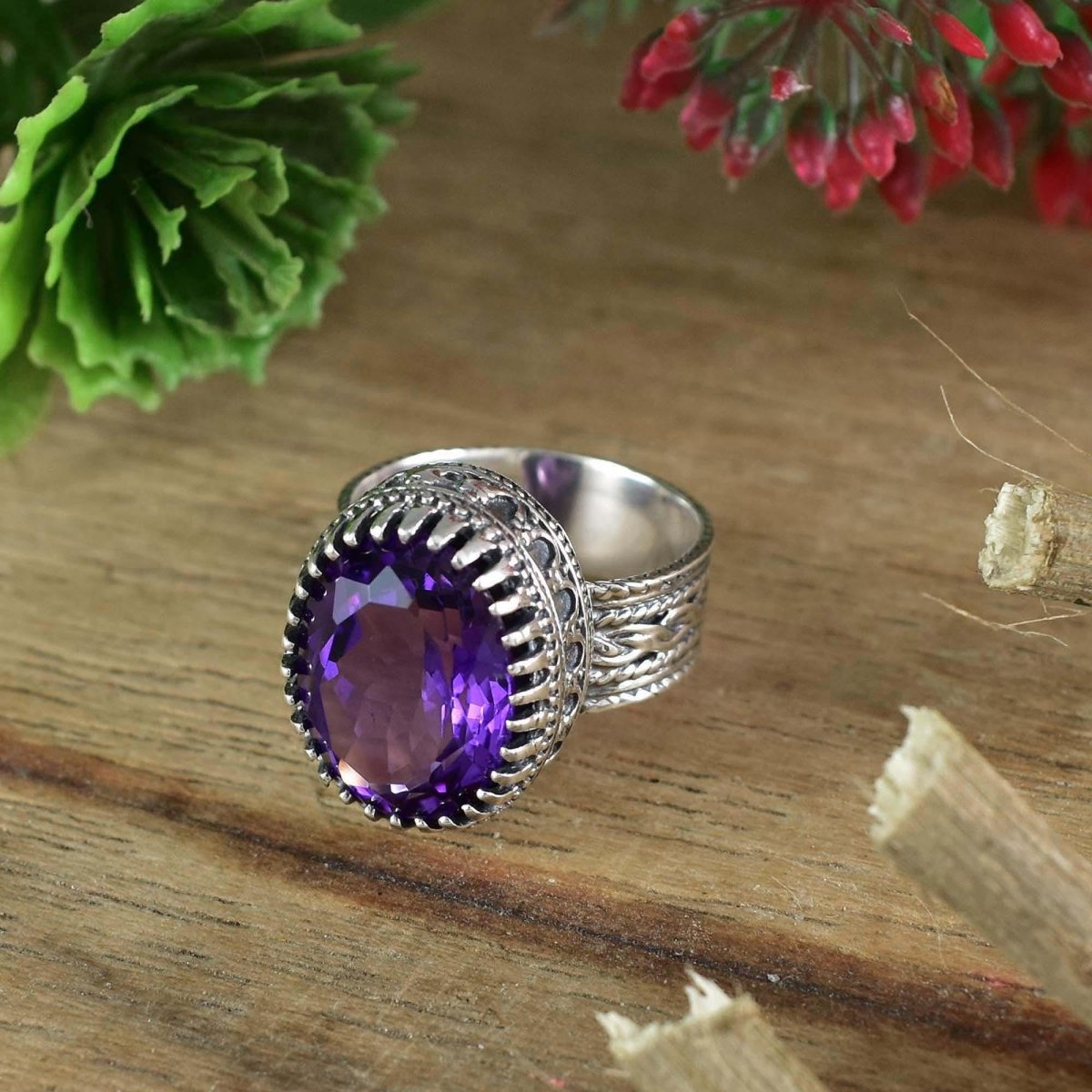 Amethyst Statement Ring – Sterling Silver Boho Ring for Her - BeadsBoatInc