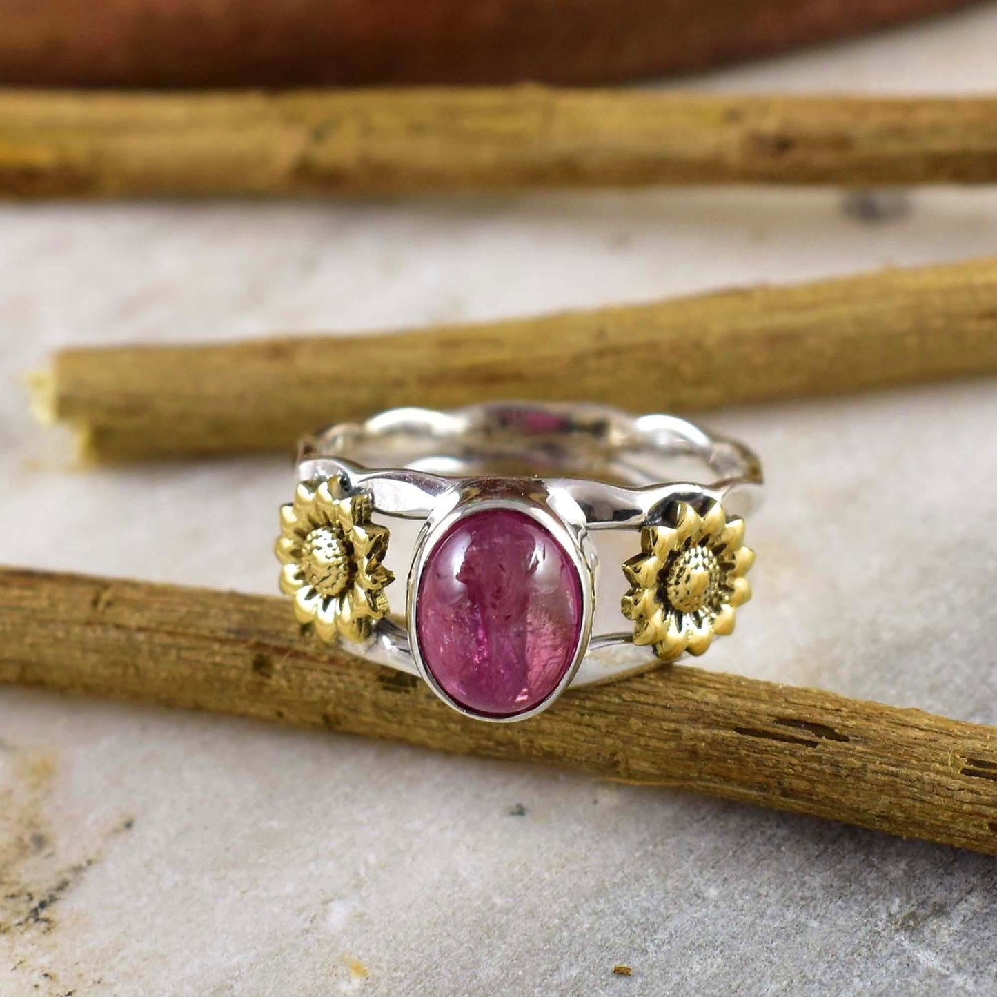 Natural Pink Tourmaline Sunflower Ring in 925 Silver