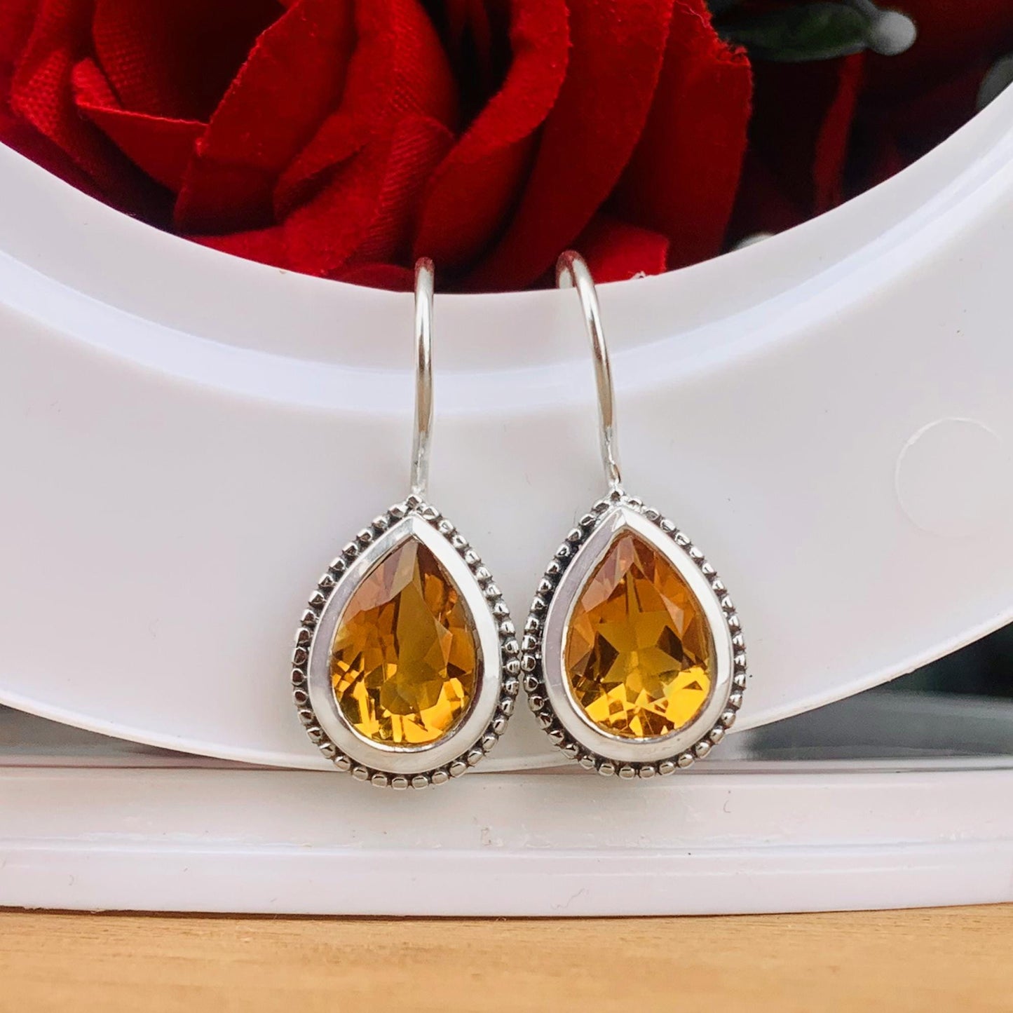 925 Sterling Silver Pear Cut Citrine Dangle Earrings - Gift for Her