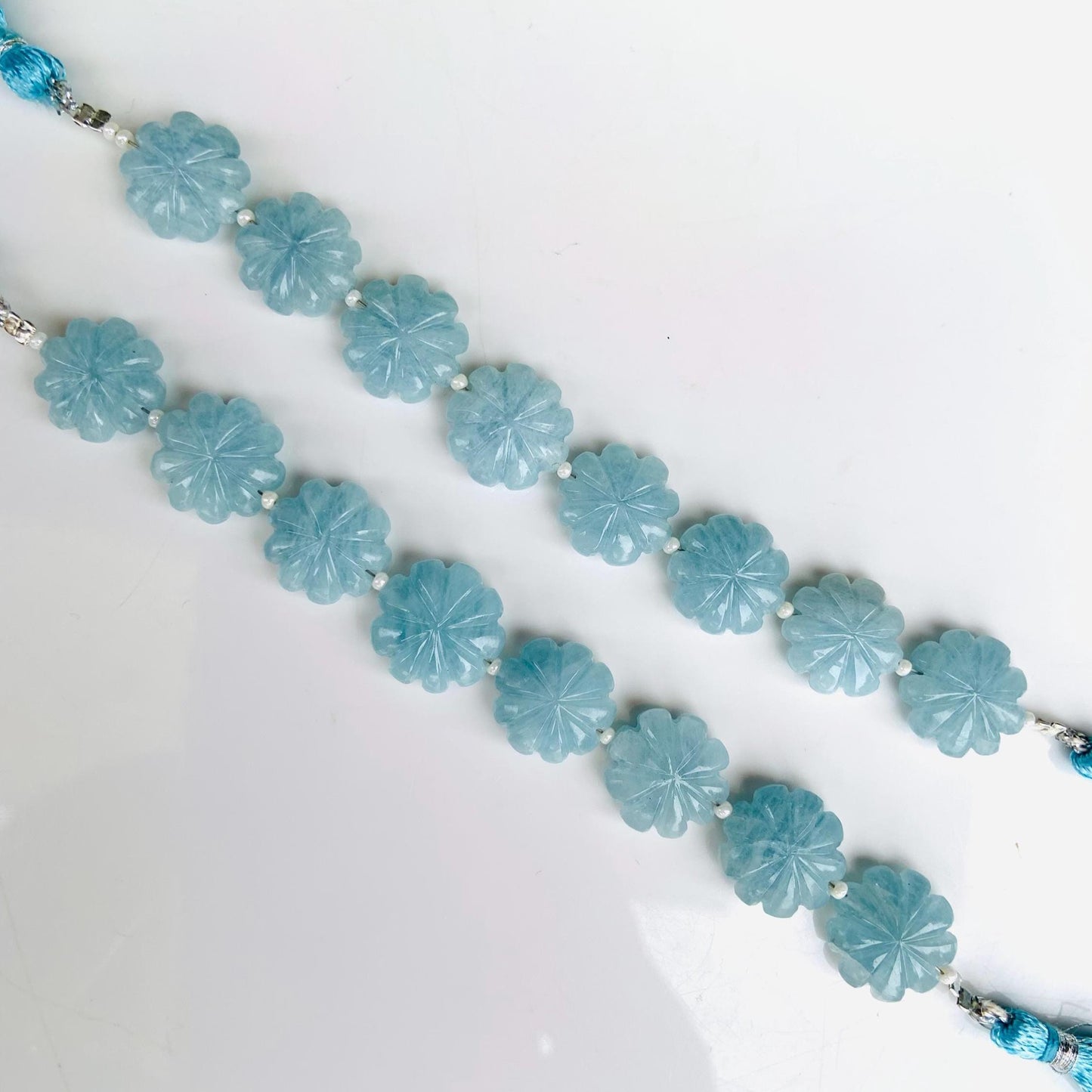 Natural Aquamarine Carved Flower Briolette Beads 14–15mm Fancy Gemstone