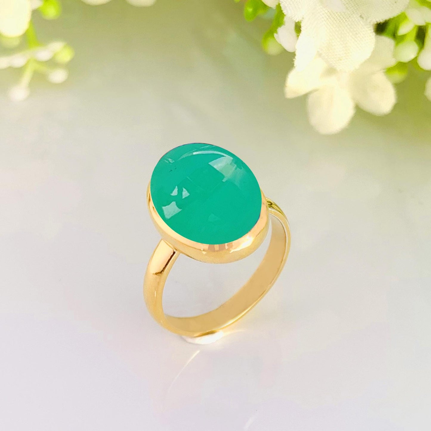 Green Oval Chrysoprase Ring - 925 Silver Gold Plated
