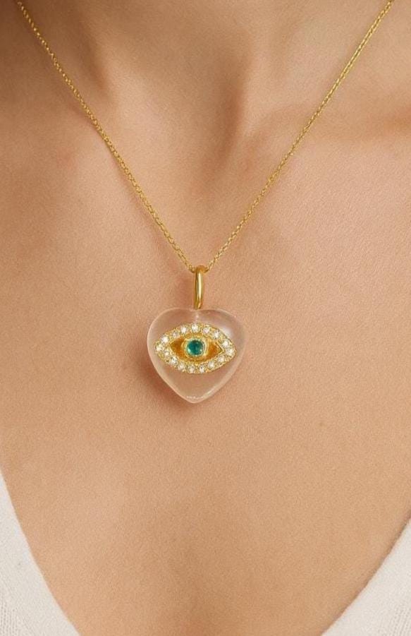 Emerald Evil Eye Heart Pendant Necklace | Gold Protection Charm with Crystals - BeadsBoatInc