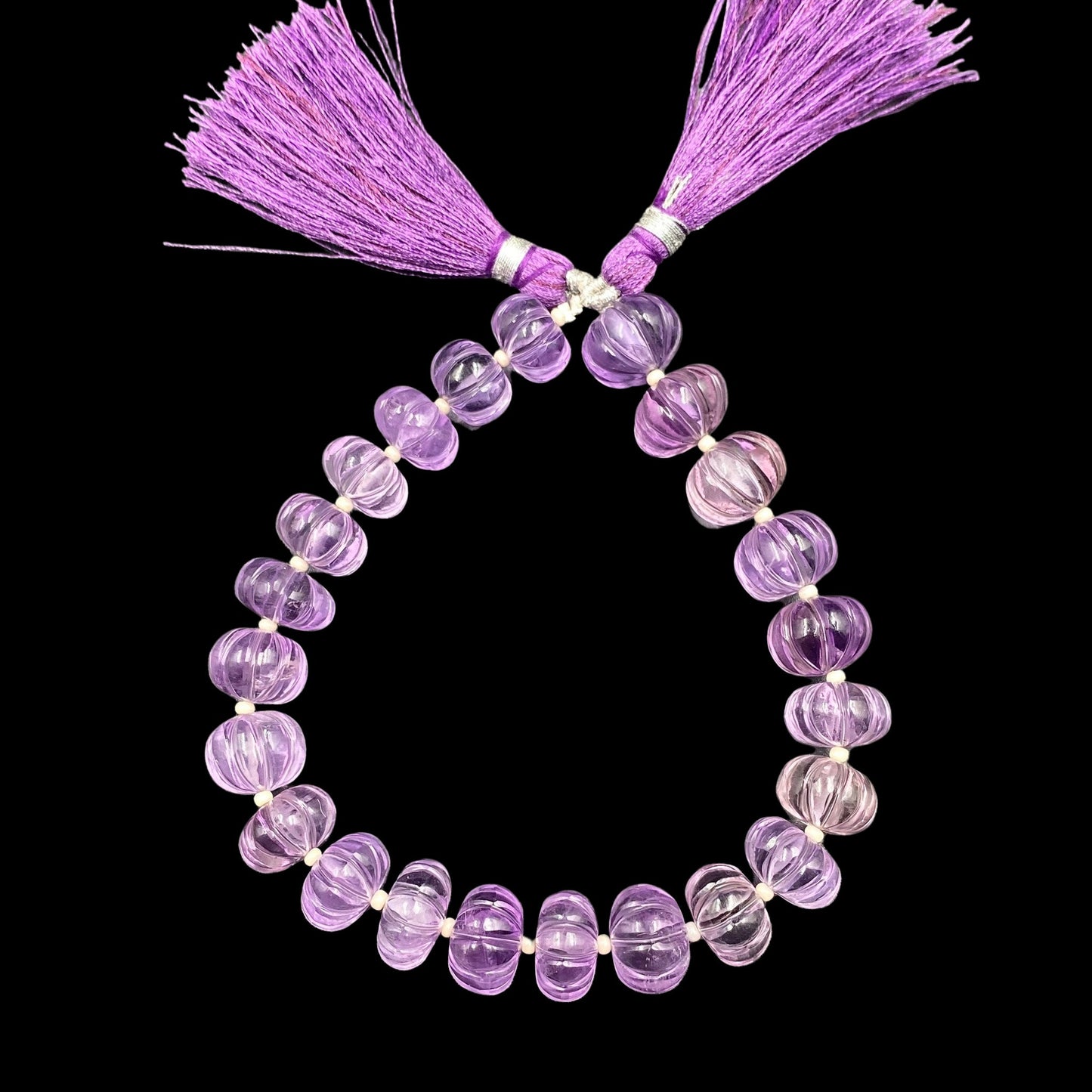 Natural Amethyst Faceted Carved Melon Gemstone Beads 8" Strand