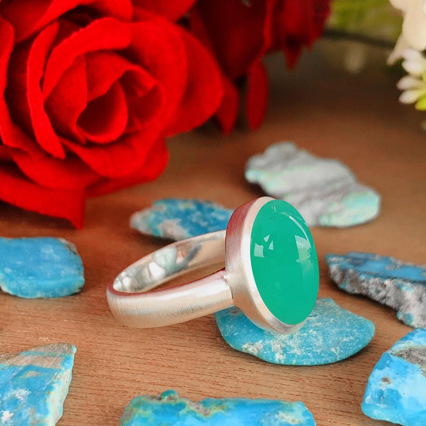 Green Chrysoprase Ring, Matte Finish Silver Solitaire Ring - BeadsBoatInc