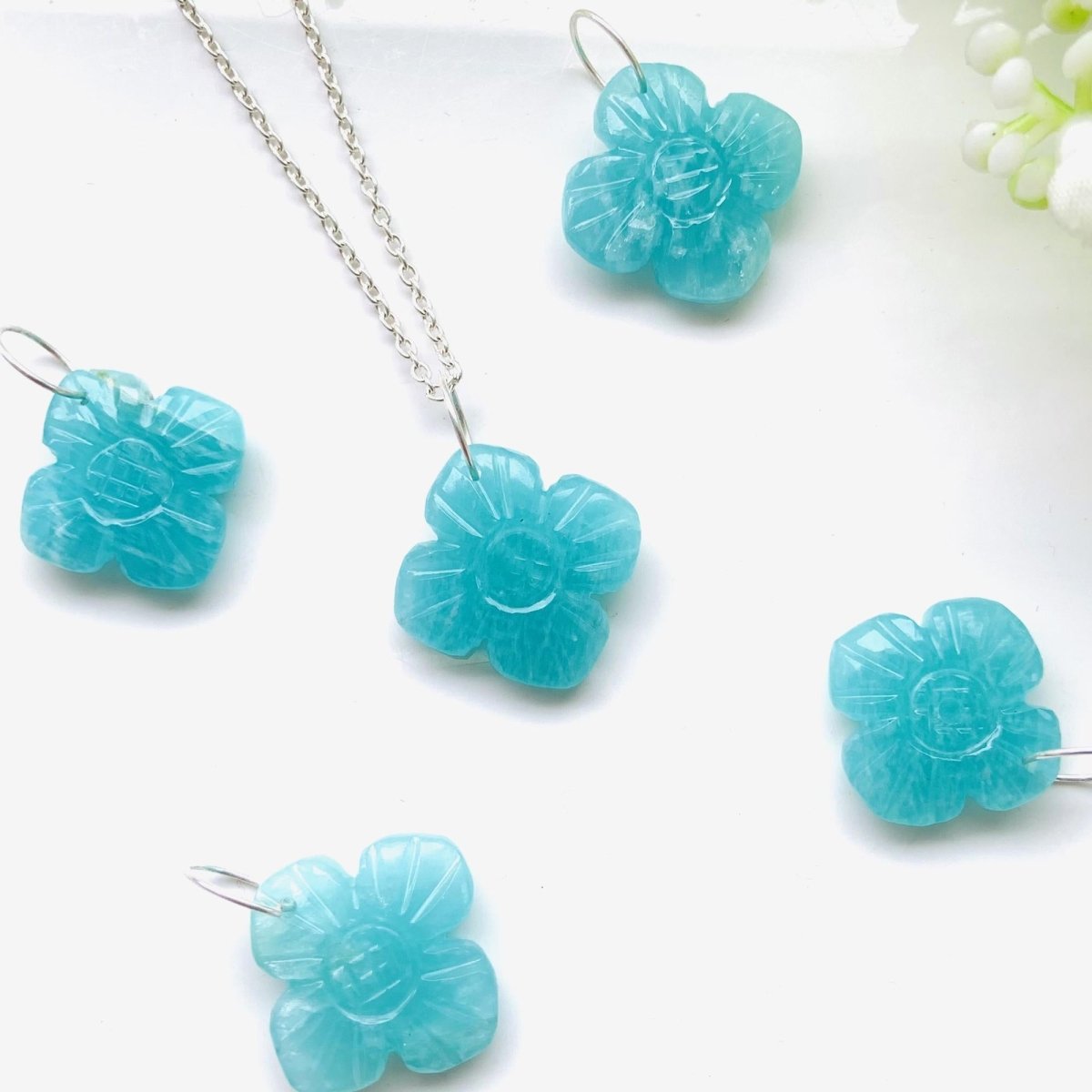 Hand - Carved Natural Amazonite Flower Necklace • Silver | Gold | Rose Gold Finish • Nature Inspired Jewelry • Gift for Her • Autumn Jewelry - BeadsBoatInc