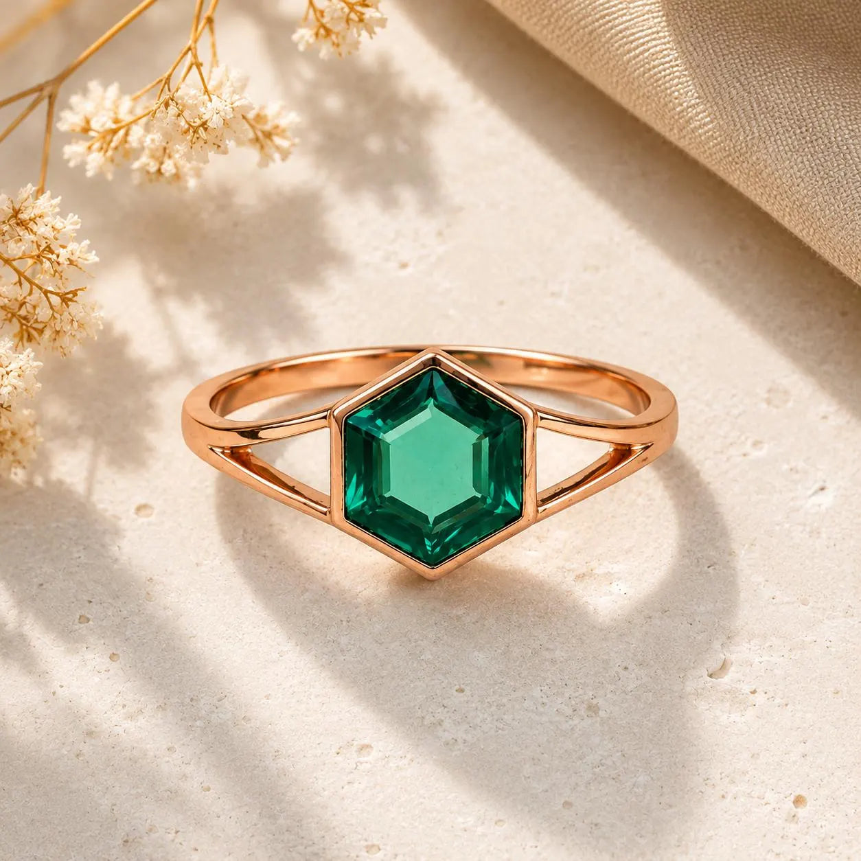 Lab Grown Emerald Ring in Solid Gold, Hexagonal Bezel-Set