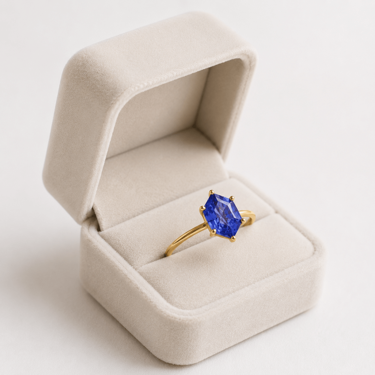 Lab Grown Tanzanite Engagement Ring in 14K Gold, Elongated Hexagon Solitaire - BeadsBoatInc
