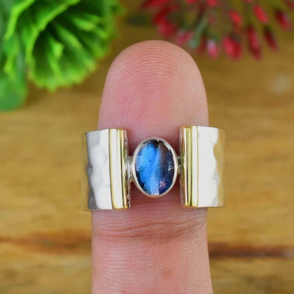 Labradorite Statement Ring – Hammered Sterling Silver Wide Band Boho Style - BeadsBoatInc