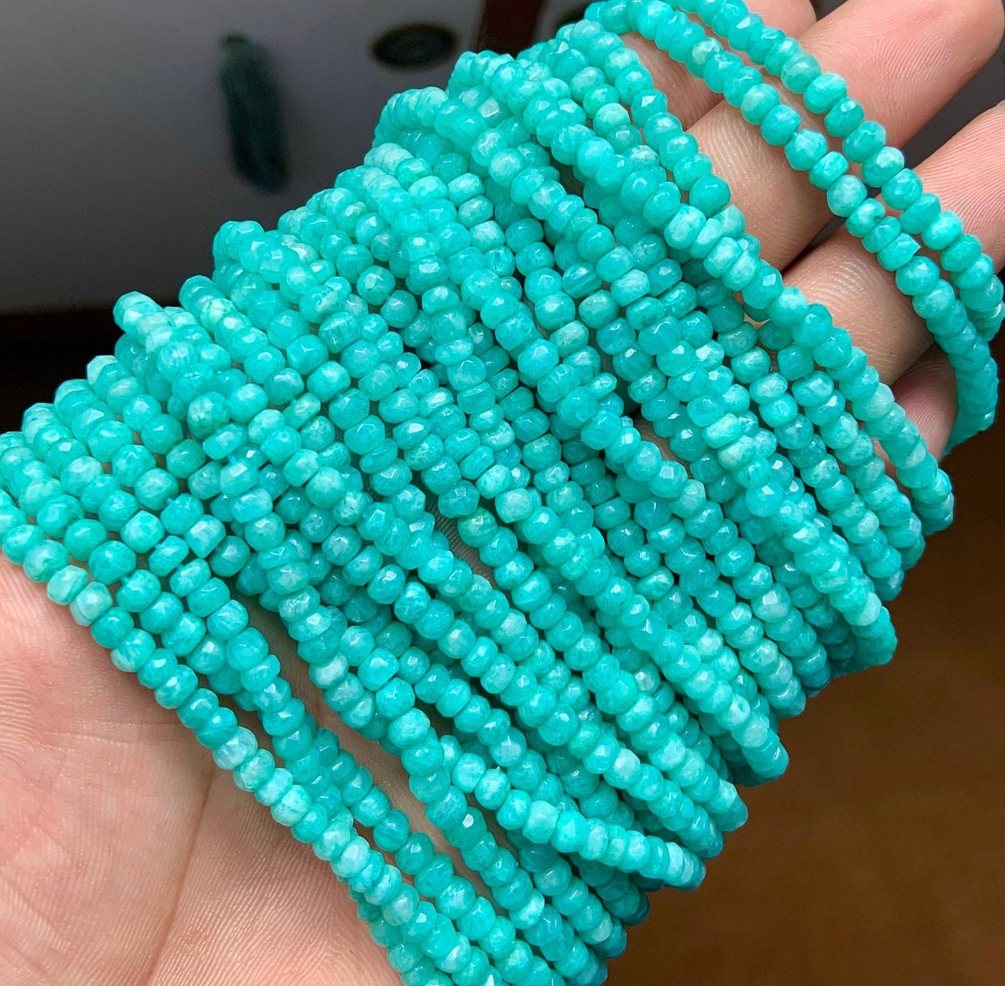 Natural Amazonite Faceted Rondelle Beads | 3mm - 4.5mm AAA Quality Gemstone - BeadsBoatInc