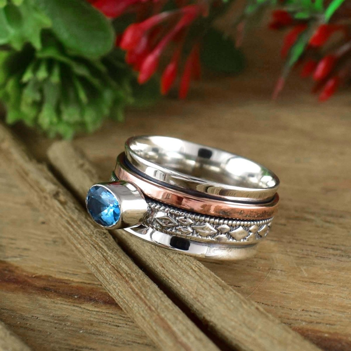 Natural Blue Topaz Spinner Ring in 925 Sterling Silver – Multi - Tone Band - BeadsBoatInc