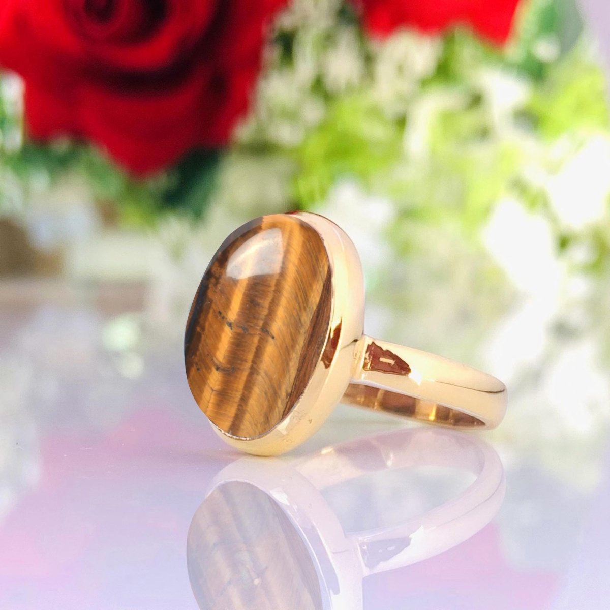 Natural Brown Tiger Eye Gemstone Ring - Sterling Silver Gold Plated - BeadsBoatInc