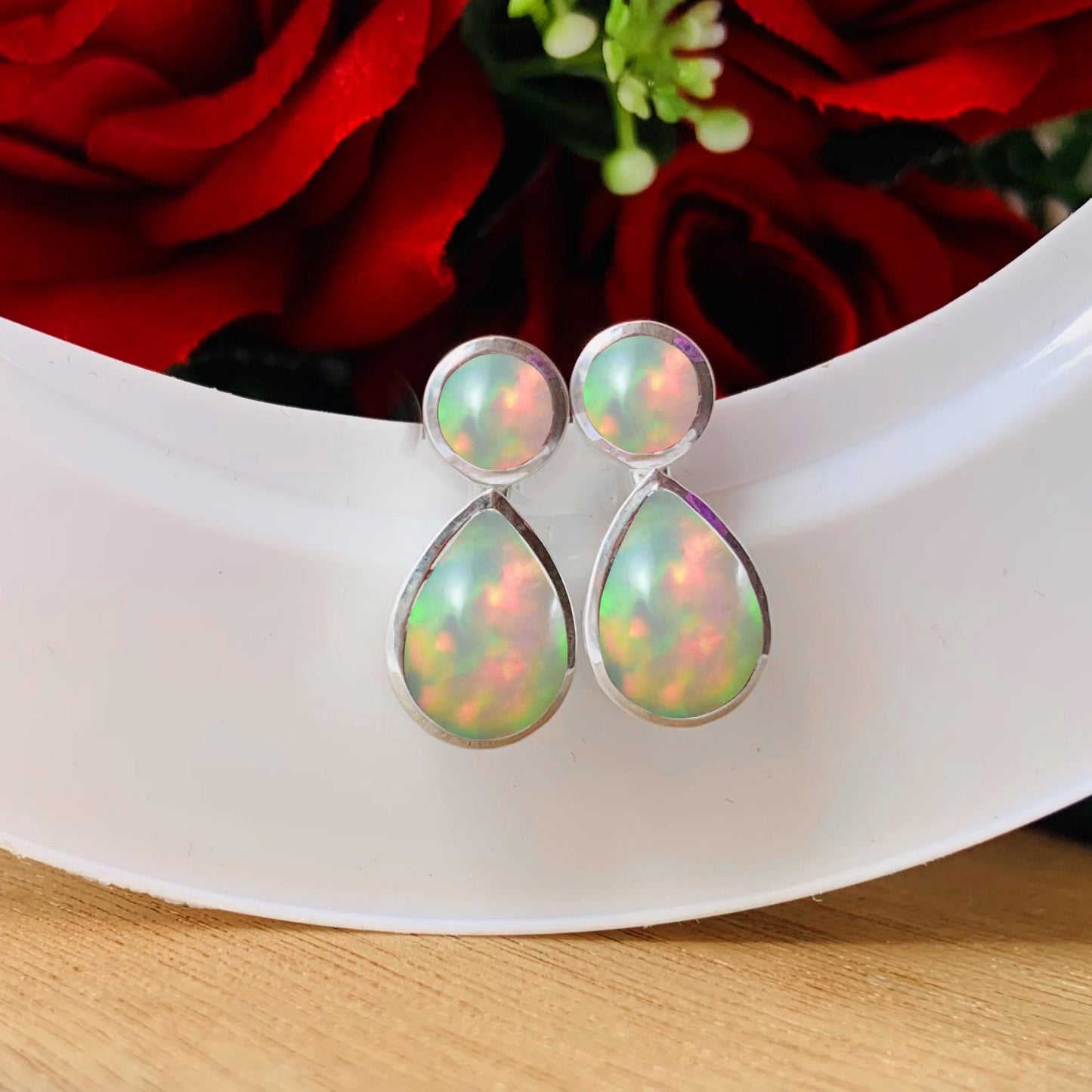 Natural Ethiopian Opal Dangle Drops - Sterling Silver Handmade Earrings - BeadsBoatInc
