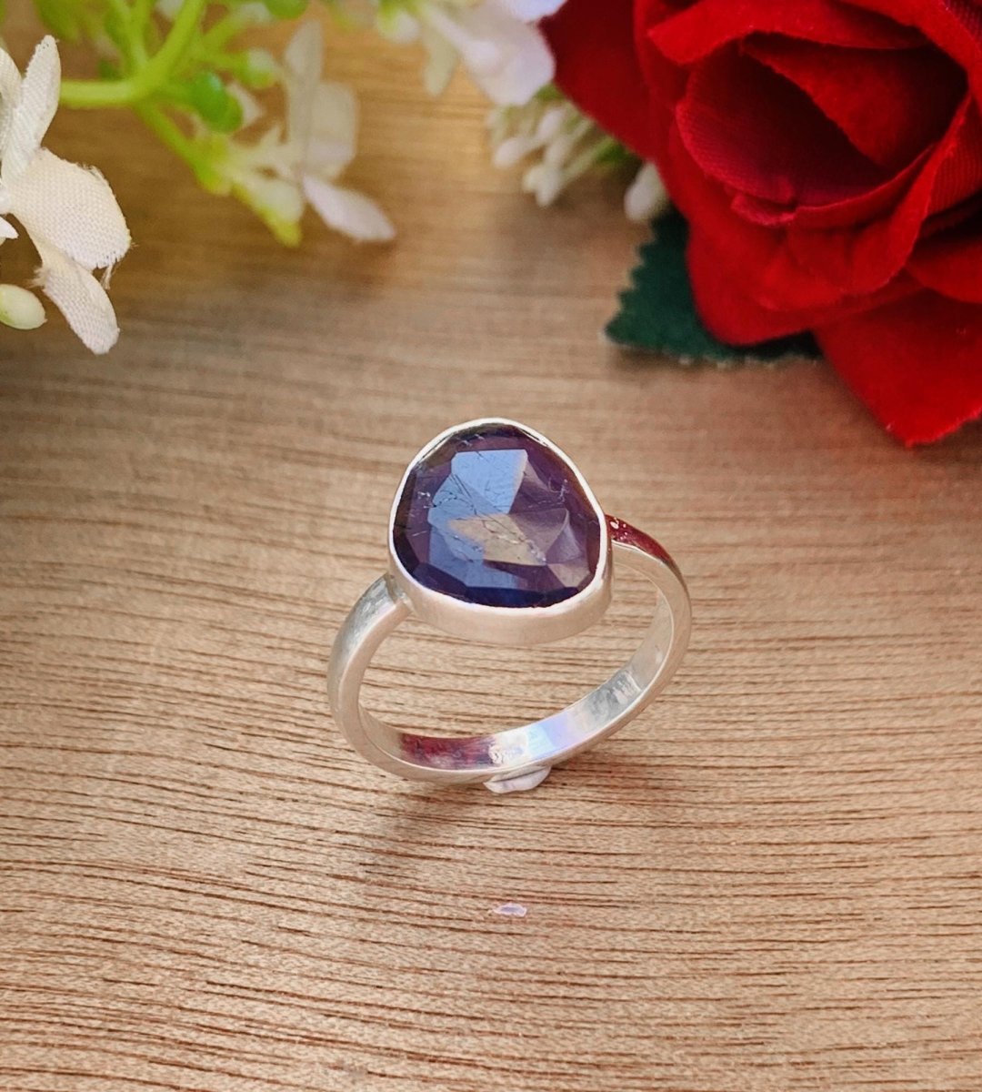 Natural Iolite Solitaire Ring, Rosecut Iolite Silver Gold Plated Ring - BeadsBoatInc