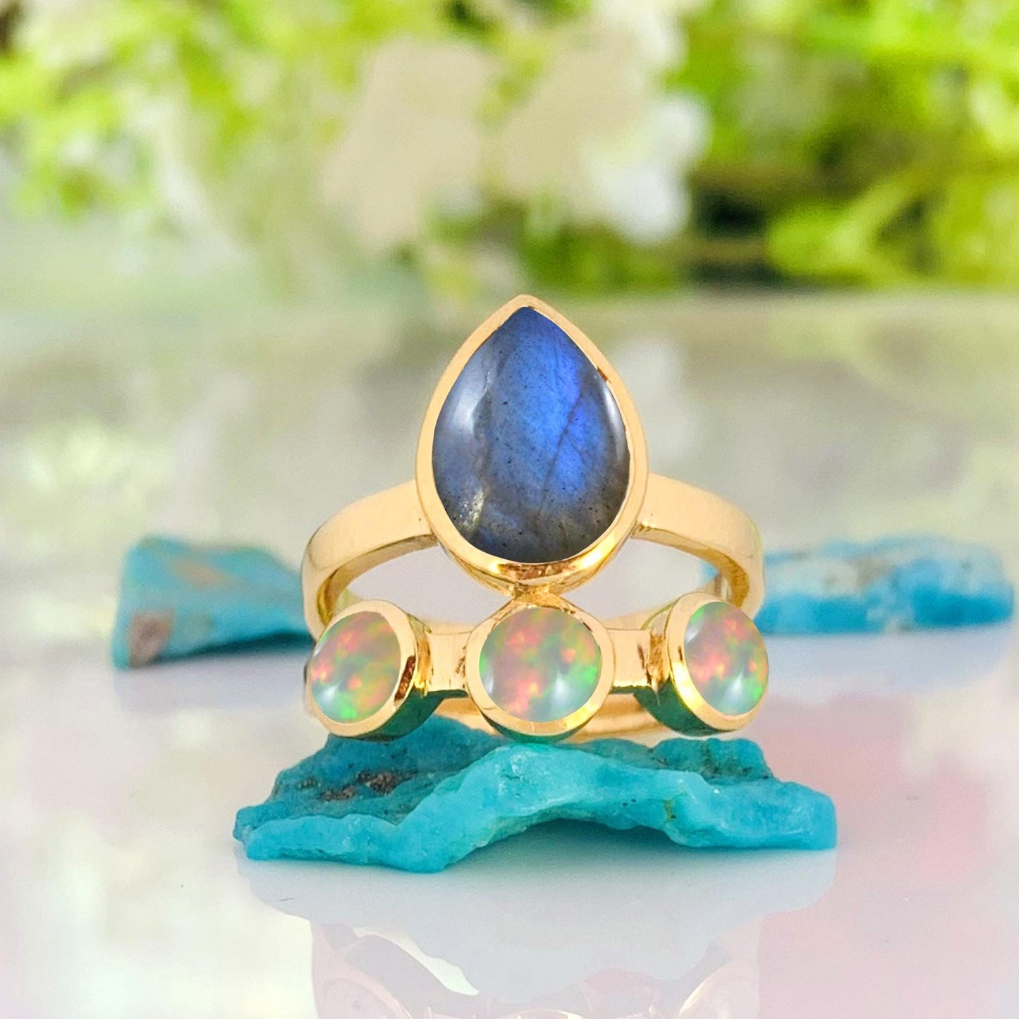 Natural Labradorite & Opal Ring | Gold Boho Statement - BeadsBoatInc