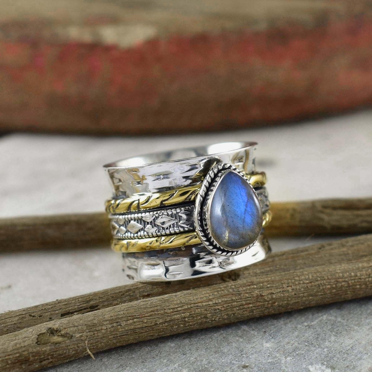Natural Labradorite Spinner Ring, Hammered Wide Band, Wedding Fidget - BeadsBoatInc