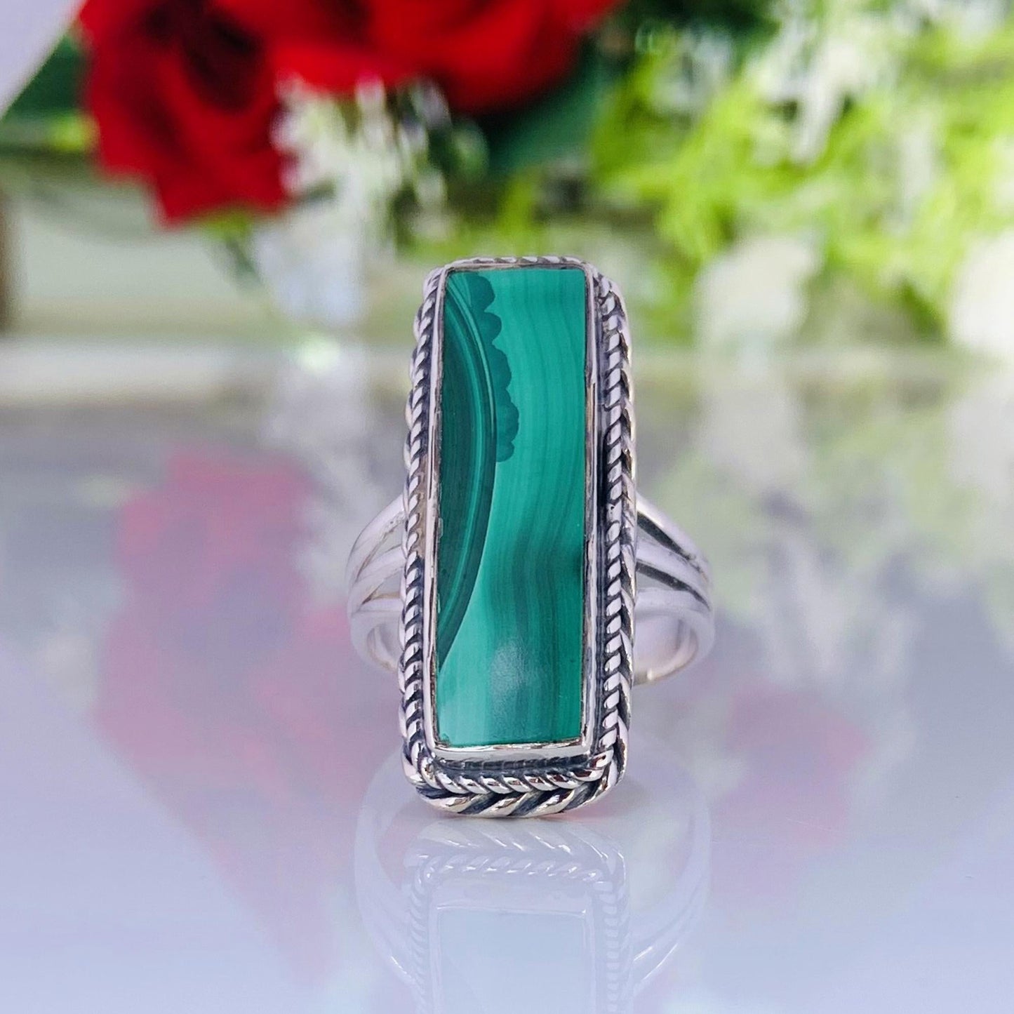 Natural Malachite Ring – Triple Split Shank 925 Sterling Silver Boho Ring for Her - BeadsBoatInc
