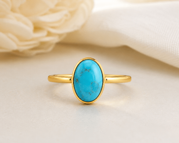 Natural Oval Turquoise Ring - Gold Plated 925 Silver - BeadsBoatInc