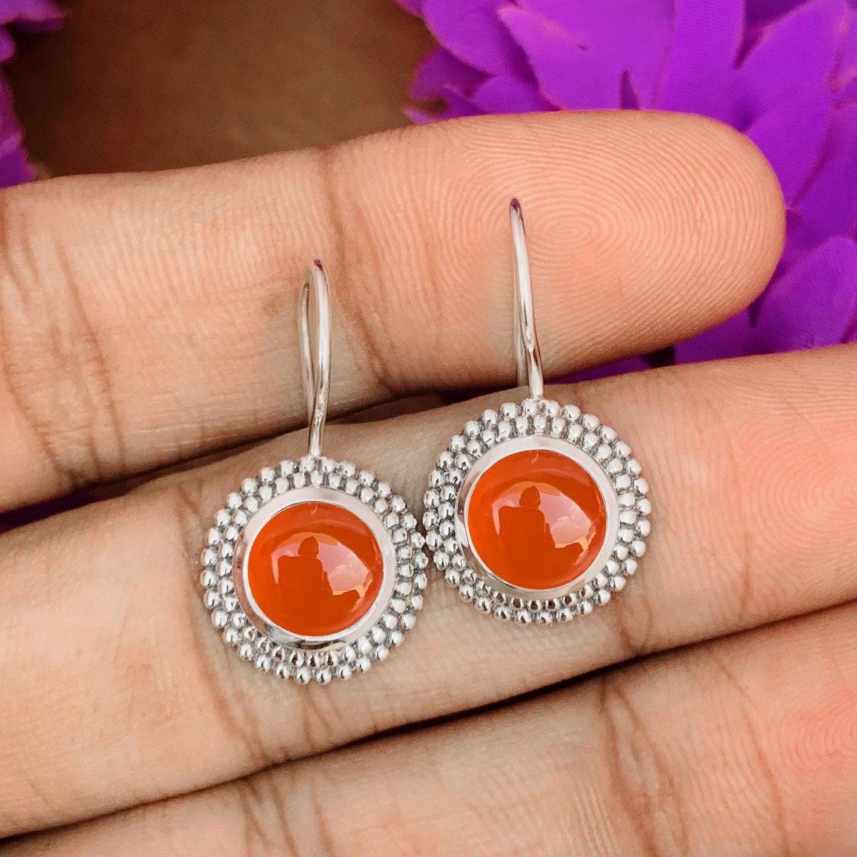 Natural Round Carnelian Earrings in 925 Silver Dainty Dangle Drop - BeadsBoatInc