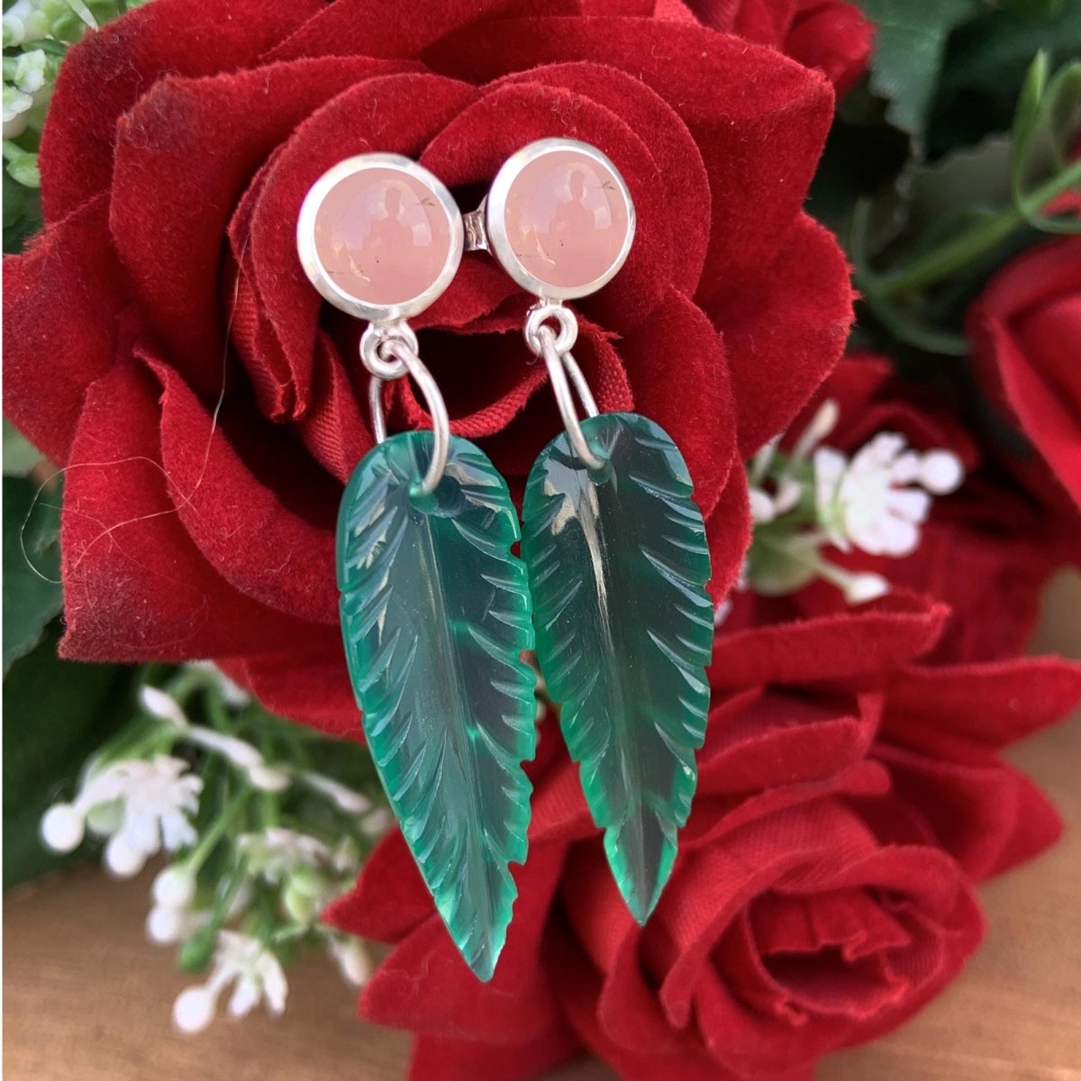 Onyx & Rose Quartz Dangler Earrings - 925 Silver Leaf Design Dangle Drops - BeadsBoatInc