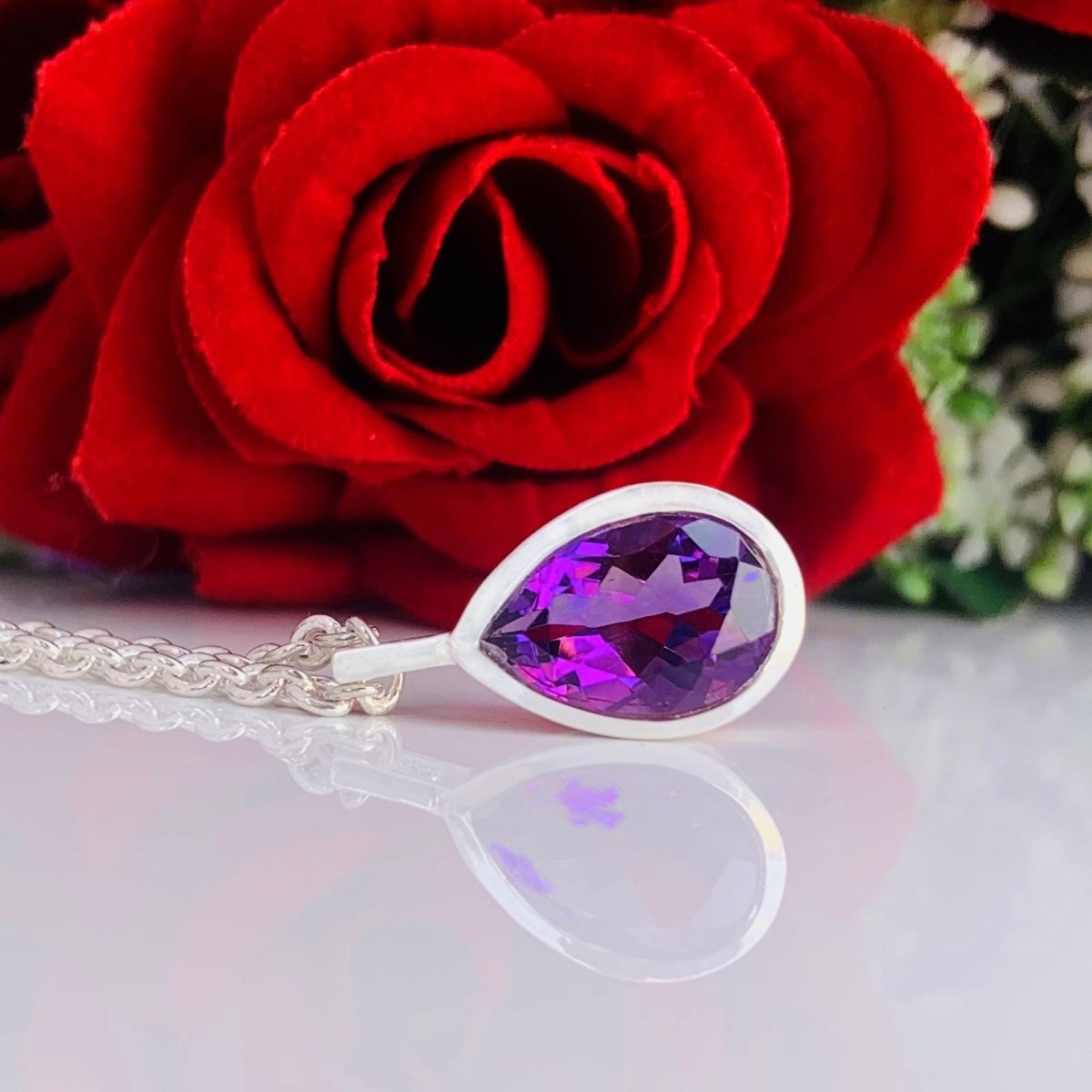 Pear Amethyst 925 Sterling Silver Necklace Gold Finish - BeadsBoatInc
