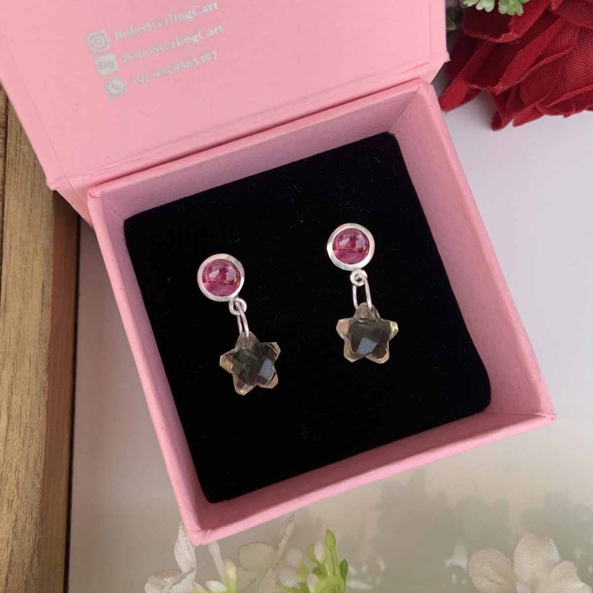 Pink Tourmaline & Lemon Quartz Dangle Drops - Star Shape 925 Silver Earrings for Women - BeadsBoatInc