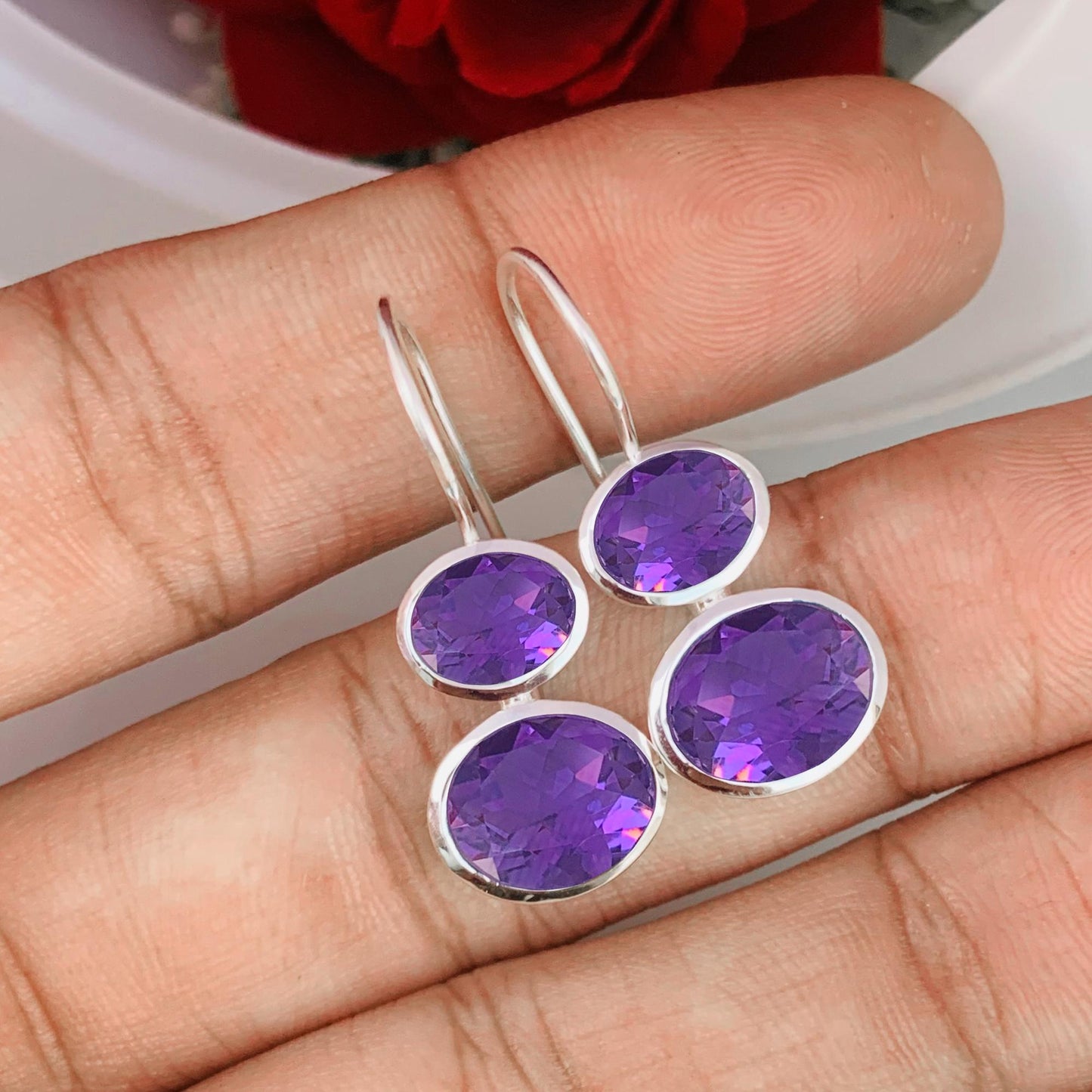 Purple Amethyst Earrings - 925 Sterling Silver Gold Plated Dangle Drops - BeadsBoatInc