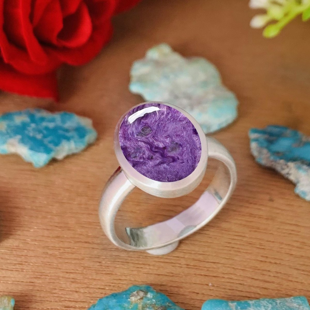 Purple Charoite Ring • Simple and matte finish Solitaire Ring • Classic Silver Ring • For Men and Women • Bold and Stylish • Birthday Gift - BeadsBoatInc