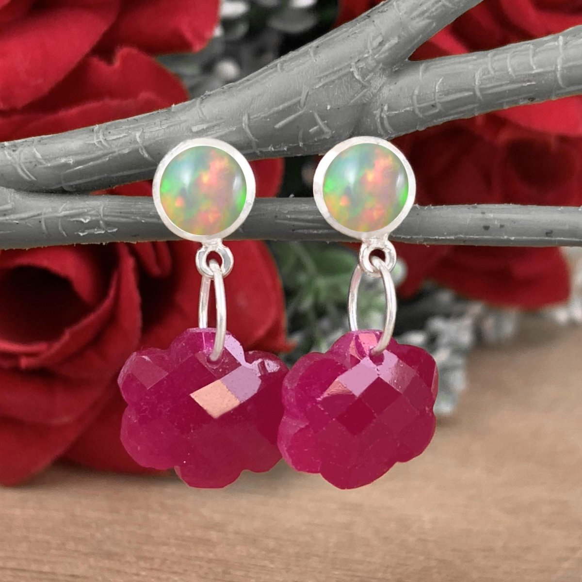 Red Quartz & Opal Earrings in 925 Sterling Silver Flower Dangle Drop Earrings - BeadsBoatInc