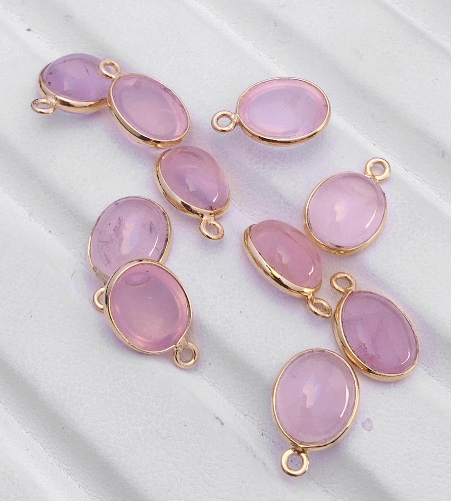 Rose Quart Silver & Gold Bezel Connectors ~ Oval shape Charms ~ Link Components for Earrings, Bracelets, Jewelry Making supplies - BeadsBoatInc