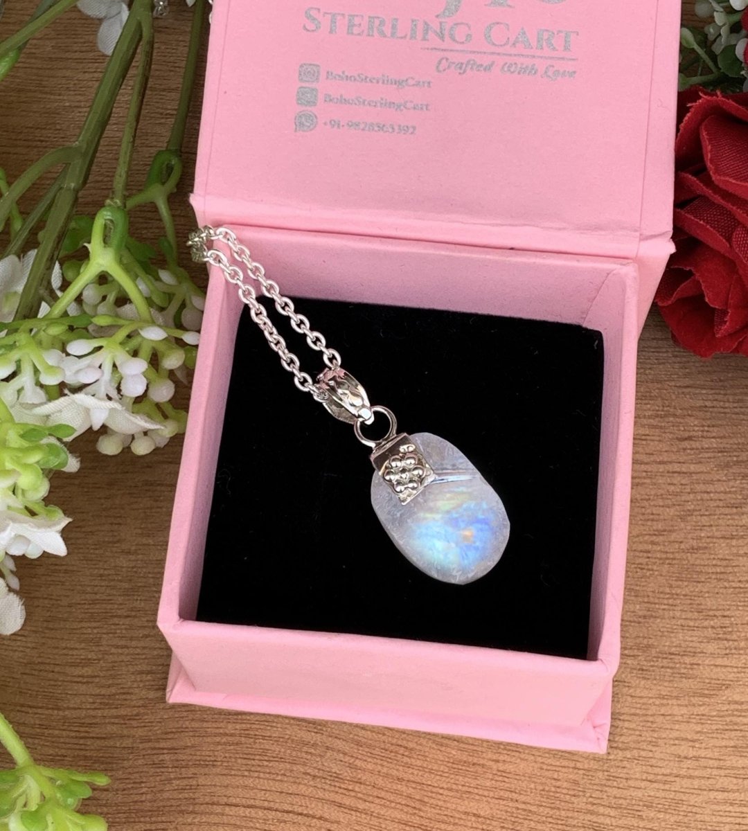 Rough Moonstone Pendant – Chunky Boho Silver Necklace - BeadsBoatInc