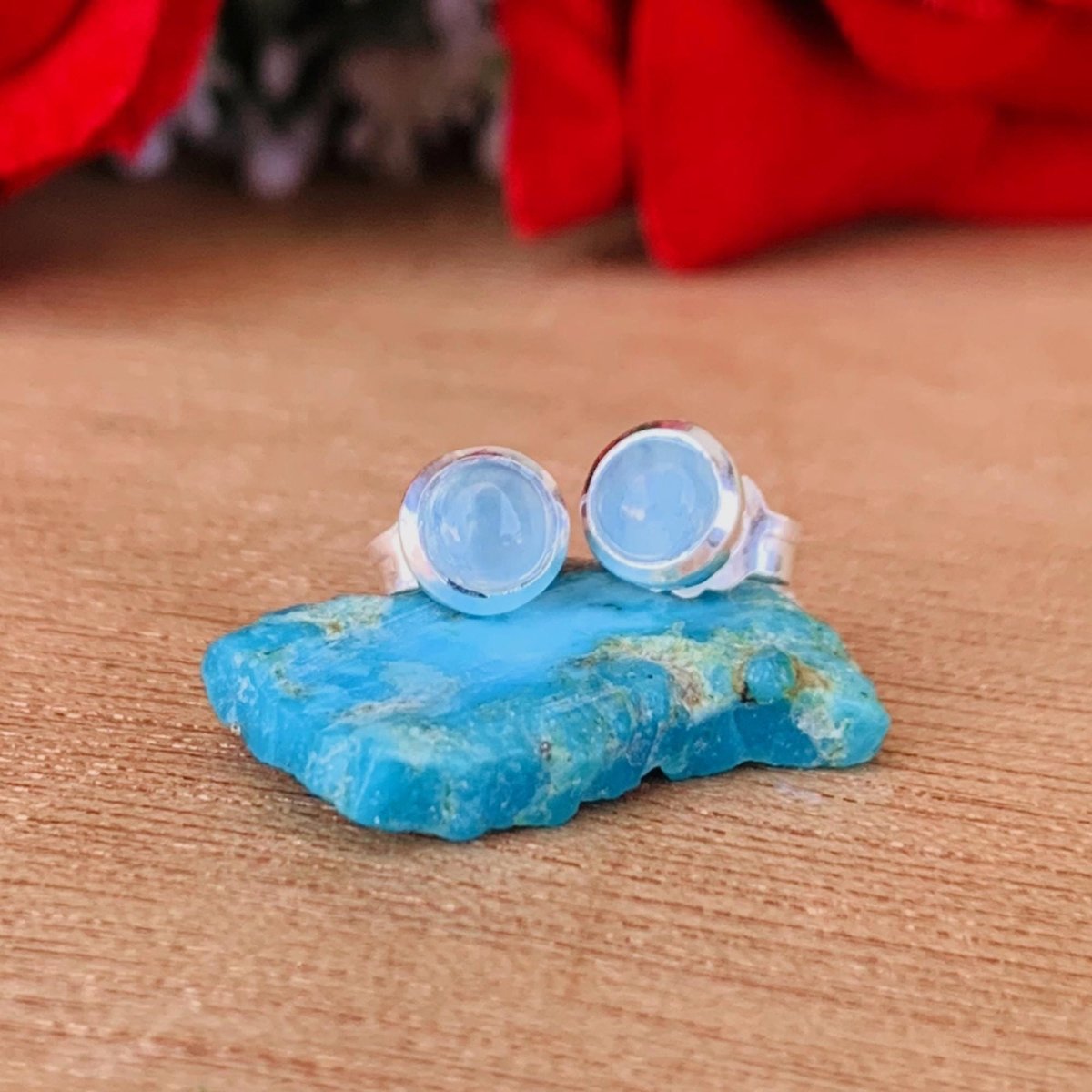 Round Aquamarine Stud Earrings in 925 Sterling Silver Dainty Women Jewelry - BeadsBoatInc